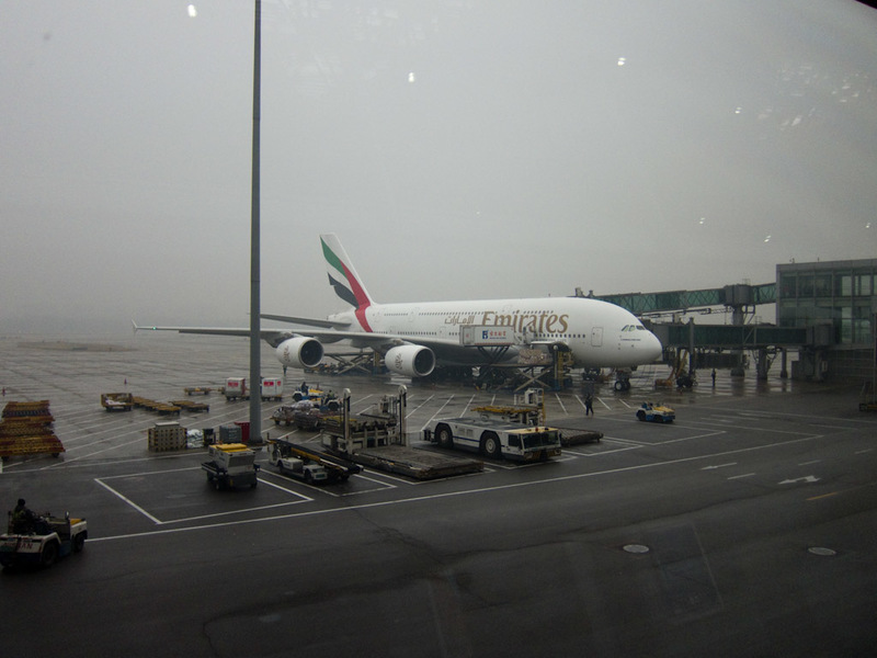 China-Beijing-Hong Kong-Airport-Lounge - Emirates have their a380 here, with no one on it.