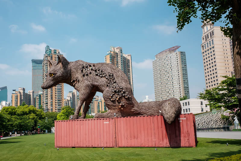 The great loop of China - April 2018 - A rabid wolf. Those are full sized shipping containers it is sitting on.