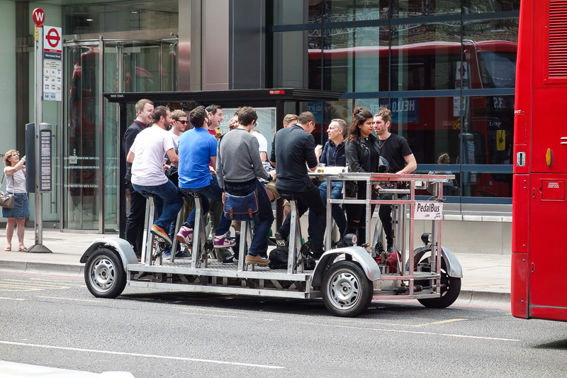 London / Germany / Austria - Work & Holiday - May and June 2016 - In London its acceptable to let a dozen drunk people without helmets ride a group bike up the streets between double decker buses.