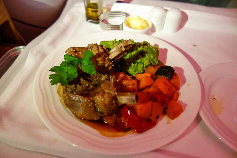 Melbourne-Emirates-Airbus A380-Business Class - Part 2 of meal 2 - the lamb was actually delicious. No I dont want wine, no wine, I dont drink, please stop offering me wine, for the last time I dont
