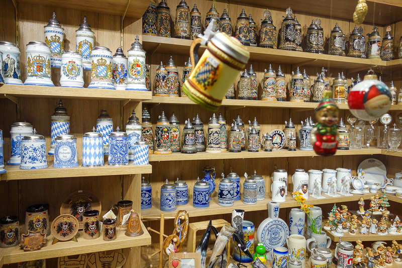 London / Germany / Austria - Work & Holiday - May and June 2016 - Beer stein world, there are lots of competing stores selling your beer stein needs. Almost all have a busker out the front playing a piano accordion. 