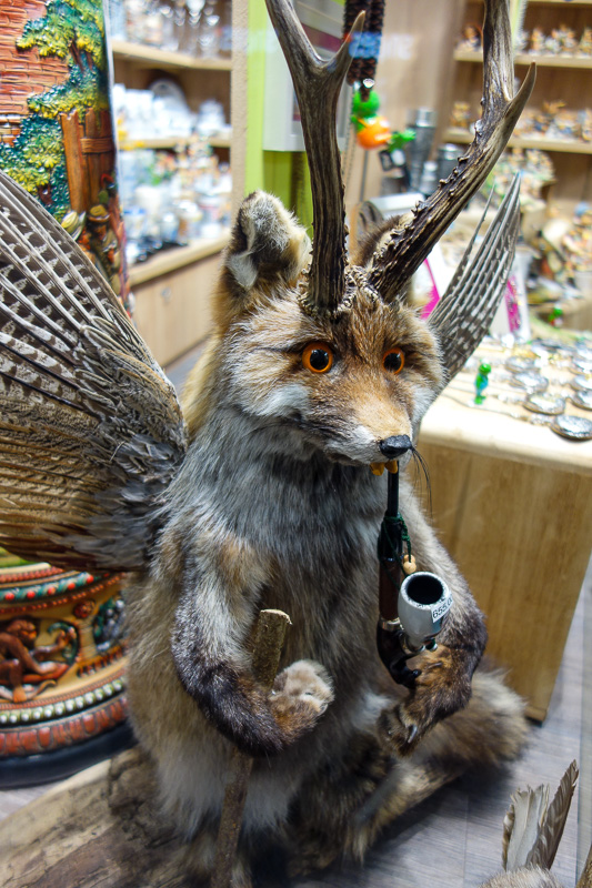 Germany-Munich-Isar - Nothing would stop me from taking a photo of a pipe smoking stuffed mini bear thing with antlers and wings.
