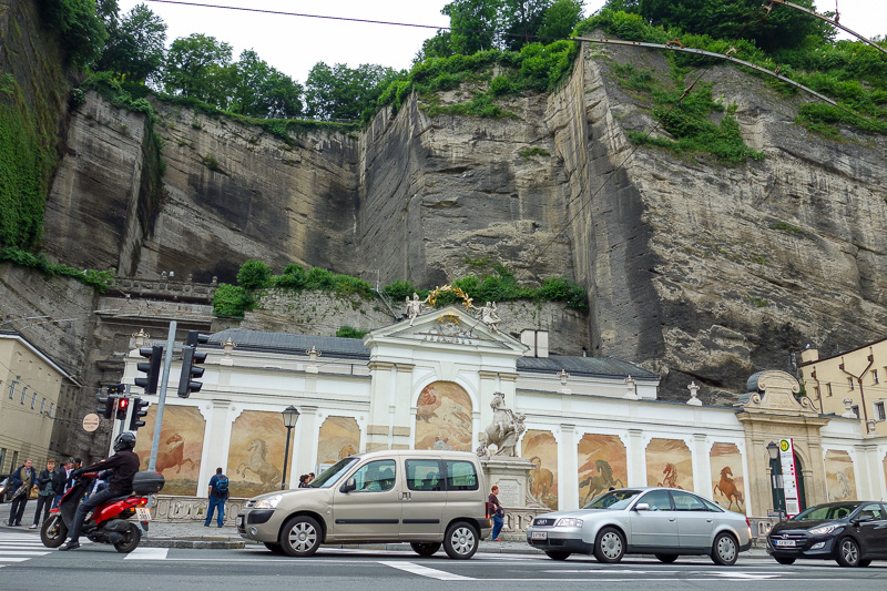 Austria-Salzburg-Mozart-Sausage - And a facade for the cliff paying tribute to horses that haul Chinese tourists around Salzburg for only 200 euros for 5 minutes.