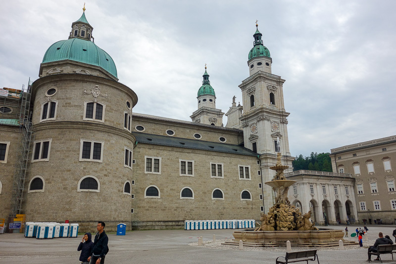 Austria-Salzburg-Mozart-Sausage - This might not look too big at first, but look closely at the people by the fountain, and the 100 or so portable toilets against the building wall.