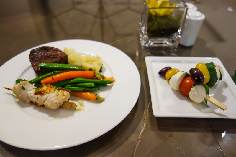 Melbourne-Emirates-Lounge - Part 1 of meal 1 is fillet steak and vegetables. Delicious.