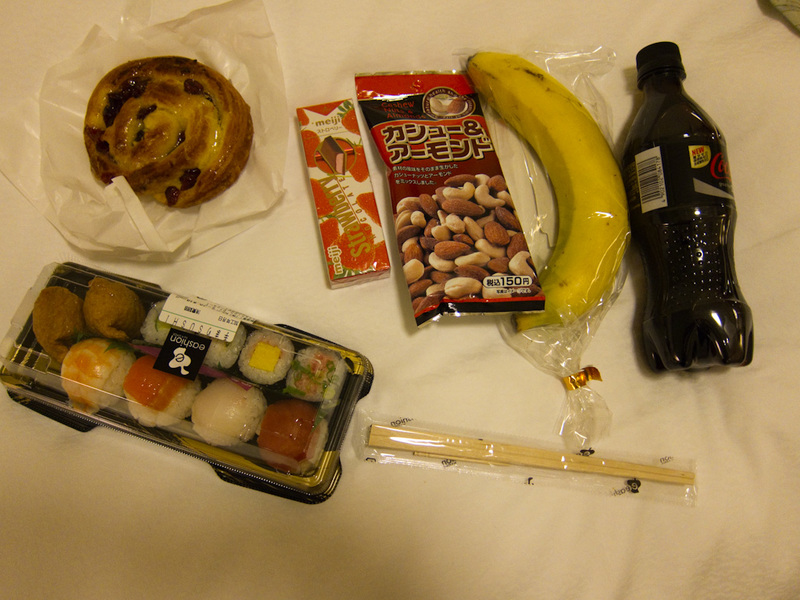 Japan-Tokyo-Odaiba-Shibuya - Heres my dinner. It mostly came from the food hall of a fancy departments store, but was pretty cheap really. The sushi was the best sushi I have ever