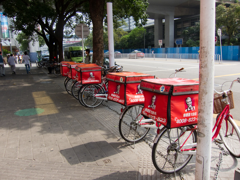 China-Shenzhen-Architecture - KFC is popular, and sells tacos, beef tacos. They also have bike delivery men. I am not sure if they are samurais or not.