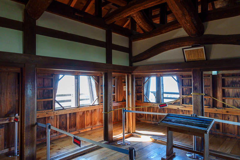 Japan-Hikone-Castle - Here is the inside of the top level of the castle. The wood is allegedly 400 years old or thereabouts. As far as I could tell, not one had recently ca