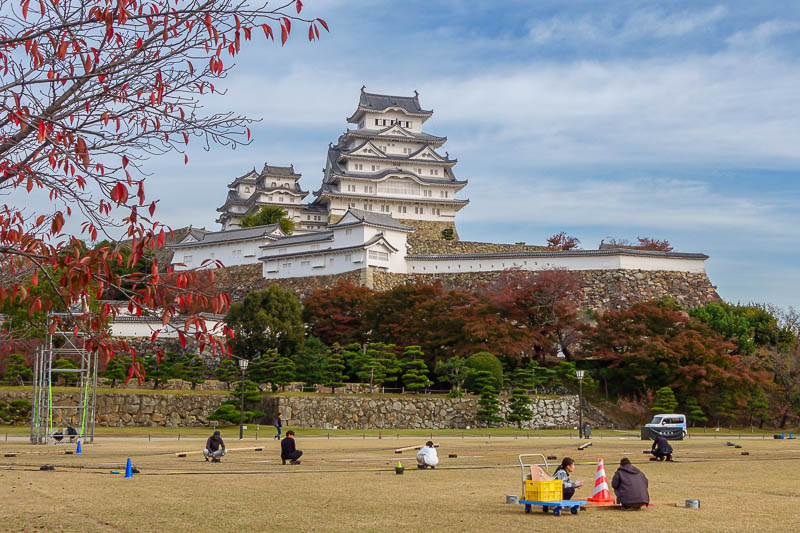 Japan-Himeji-Castle-Shrine - There it is, a designated treasure and world heritage site and many other things. They are setting up a light show on the dead lawn.