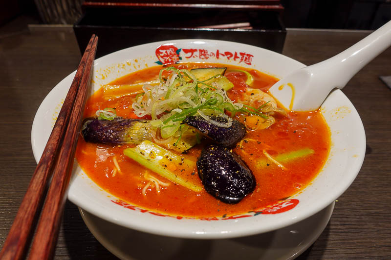 Japan-Tokyo-Kinshicho-Food - And finally, my Tomato ramen. The black stuff is egg plant. It was OK, but not as good as I remember. A quick google suggests it is part of a chain, b