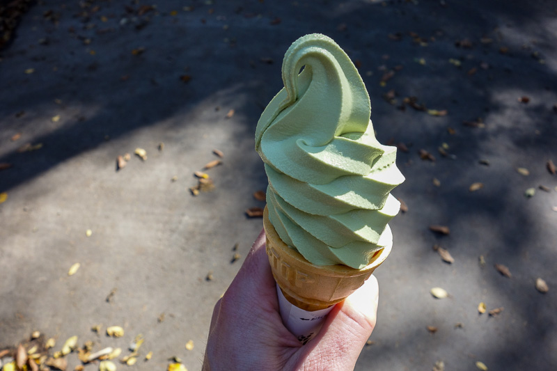 Visiting 9 cities in Japan - Oct and Nov 2016 - My bonus mini mountain climb meant I could enjoy a green tea ice cream from the shrine ice creamery.
