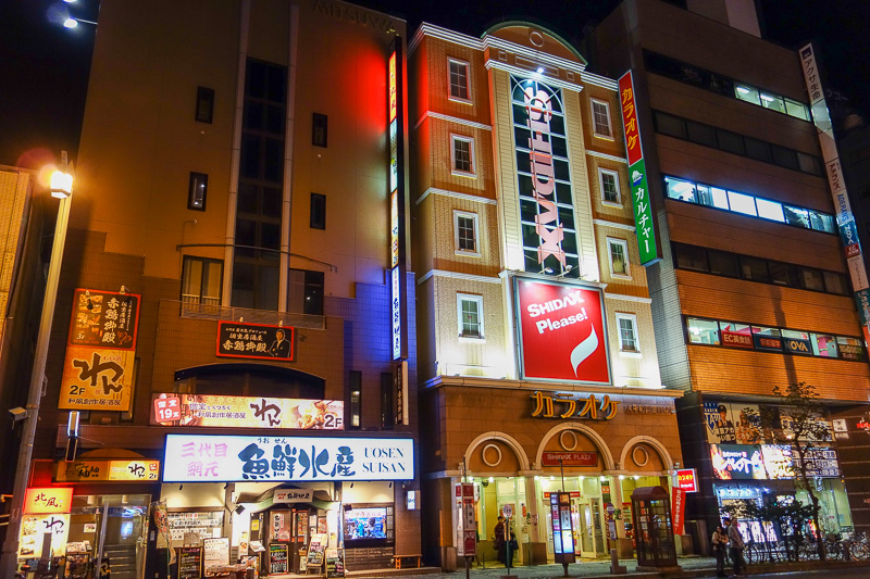 Visiting 9 cities in Japan - Oct and Nov 2016 - The brightest and biggest thing around is the karaoke bar. I saw some guys come out of here DRUNK, drunk enough to be staggering in the traffic. At 7:
