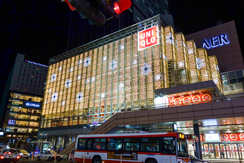 Japan-Sendai-Shopping Street - Uniqlo has their christmas lights in full beaming lightness already.