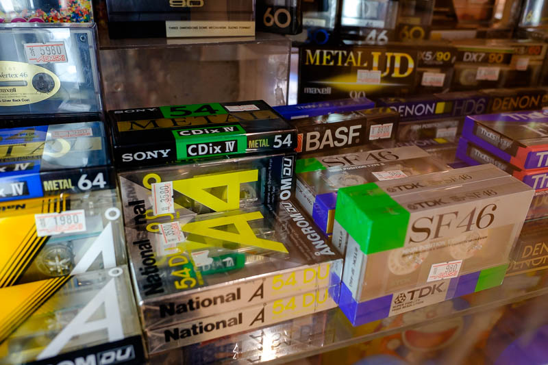 Japan-Osaka-Shinsaibashi-Glico Man-Curry - This is the window display cabinet of the Admski nerd goods store. Plain blank cassette tapes. Some of them are $70 AUD each! Glorious analog wow and 
