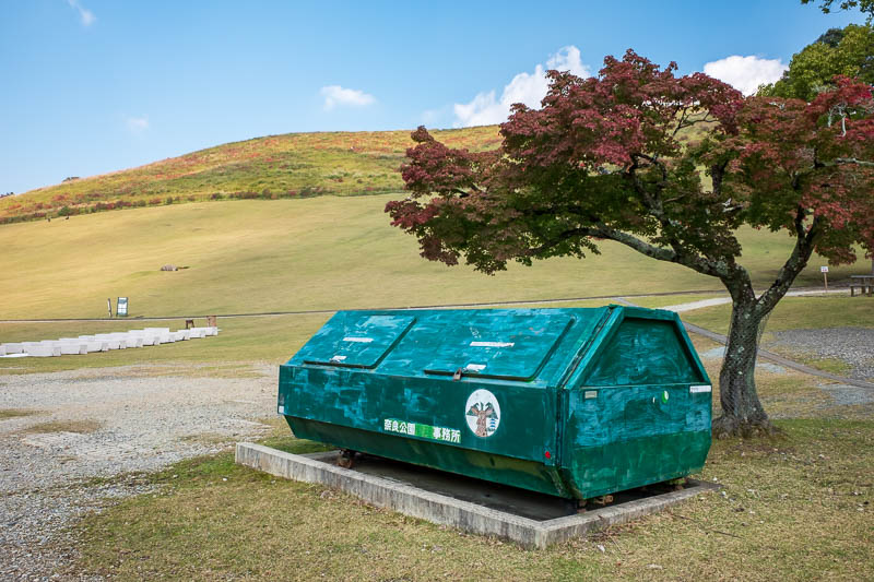 Japan-Nara-Hiking-Deer - Nearby you can pay to climb up this grassy hill and sit in the blazing sun. Or you can climb up over some rocks and photograph this rubbish bin!