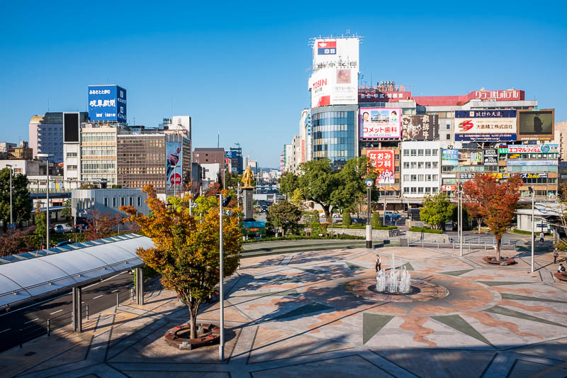 Japan-Kobe-Gifu-China Town-Shinkansen - And now, Gifu station area. Complete with gold samurai statue, holding a gun. He's doing it wrong. Sky here is less polluted, good news!