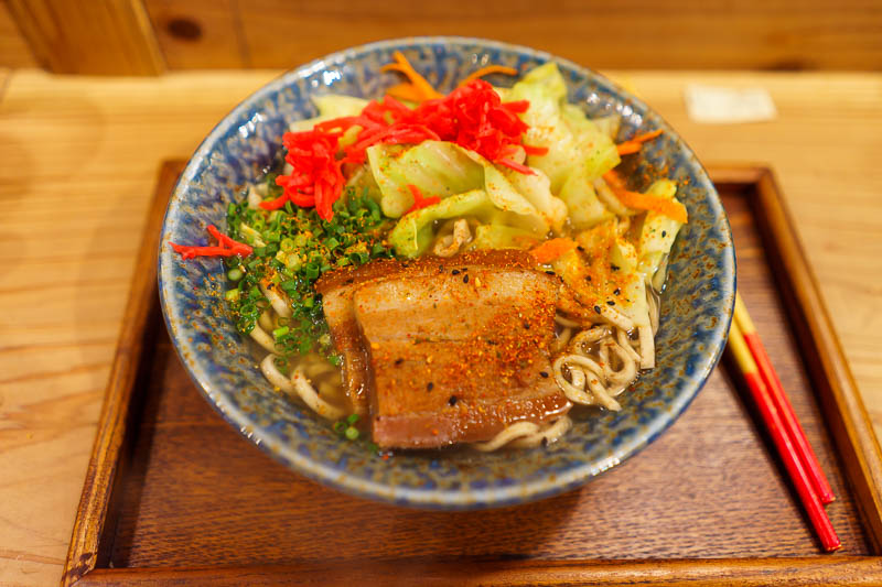 Japan-Okinawa-Naha-Food - My dinner tonight was delicious. It is wholemeal soba, advertised as 'brown soba with germ', lots of vegetables and allegedly, some local Okinawa pork