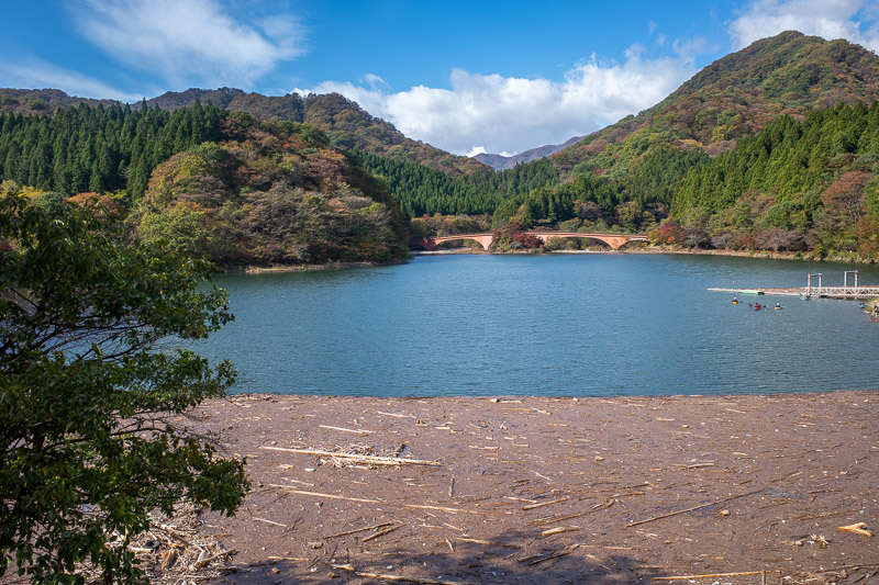 Japan-Takasaki-Hiking-Yokokawa - This is lake Usui. It is a slight detour from the trail, but worth it. There are three picturesque bridges to walk over. In the foreground is silt bui