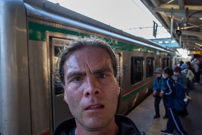 Japan for the 9th time - Oct and Nov 2019 - Here I am, sweating profusely as I board the train. Another great day in the mountains today, the weather really helped make it excellent!