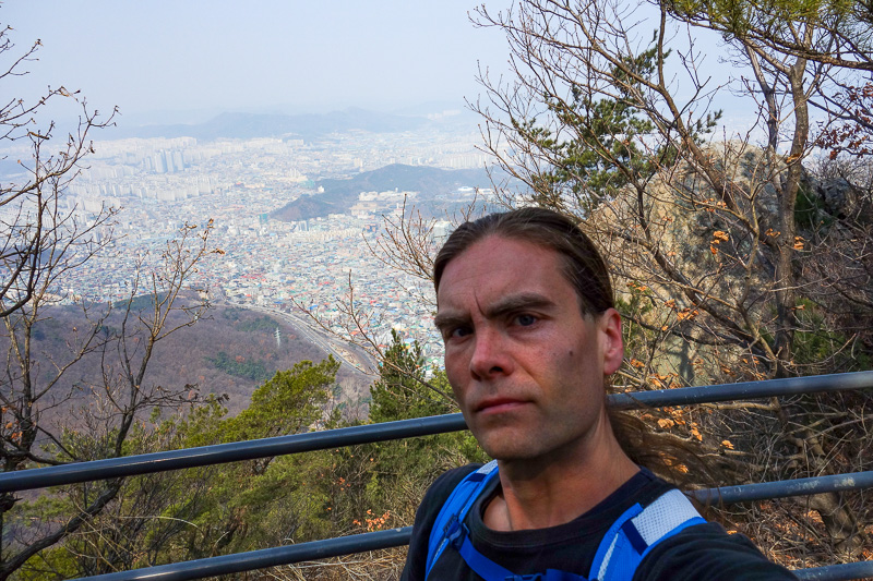 Korea-Daegu-Hiking-Apsan - I couldnt find anywhere to set my camera down for the regular pose, so an arm length selfie is the best I could do. Thats enough mountain photos for t