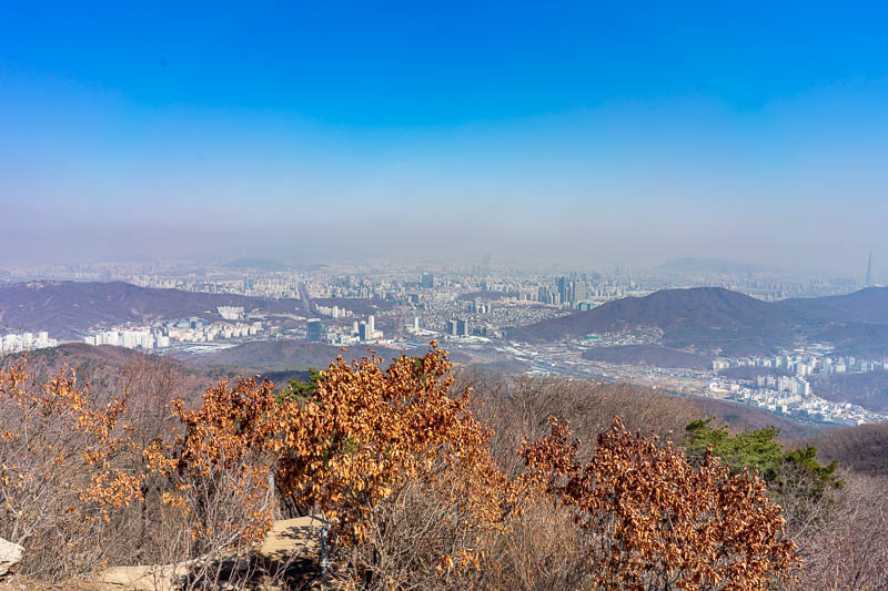 Korea - HK - China - KORKONG! - Seoul, beautifully framed by dead brown leaves and a layer of brownish smog.