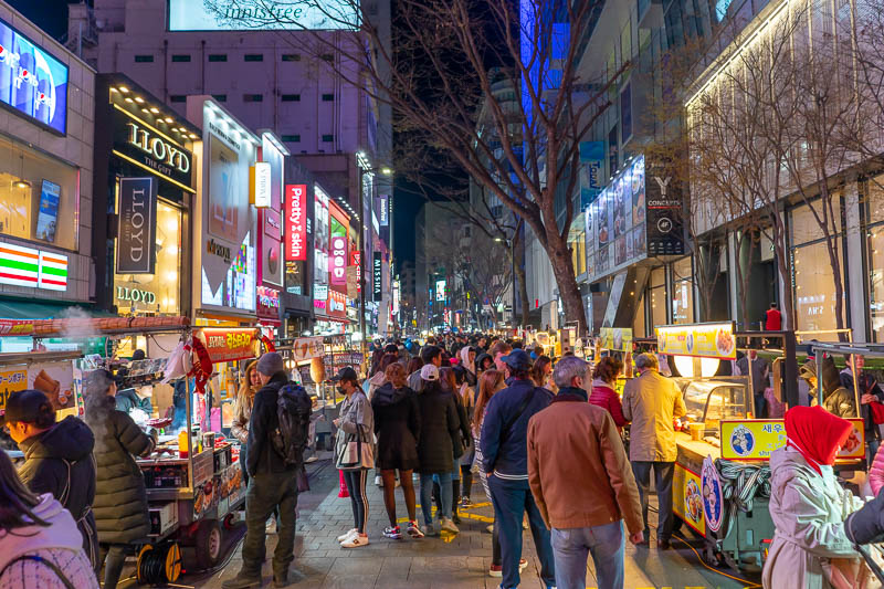 Korea-Seoul-Curry - And as a final photo for the evening, the main food cart street in Myeongdong, at night. It gets dark here later than I thought, its still kind of lig