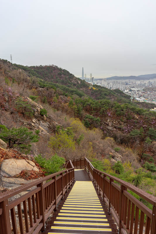 Korea-Seoul-Hiking-Yongmasan - Staircase with Lotte tower in the middle. After this staircase I took a detour for even more view.