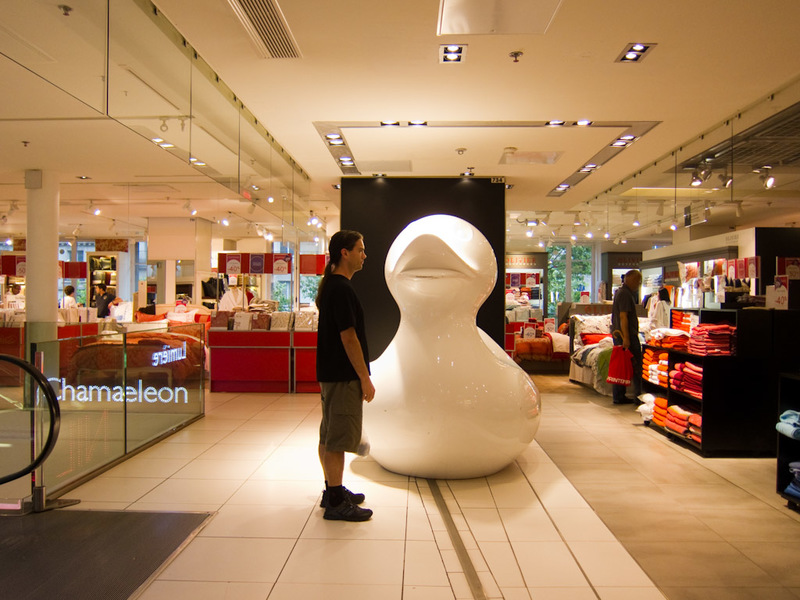 France-Gare Du Nord-Eurostar-Bastille Day-Parade - Me and my new best friend the duck hung out for a while in this high end store. Please remember how ridiculous I must look setting up my camera on the