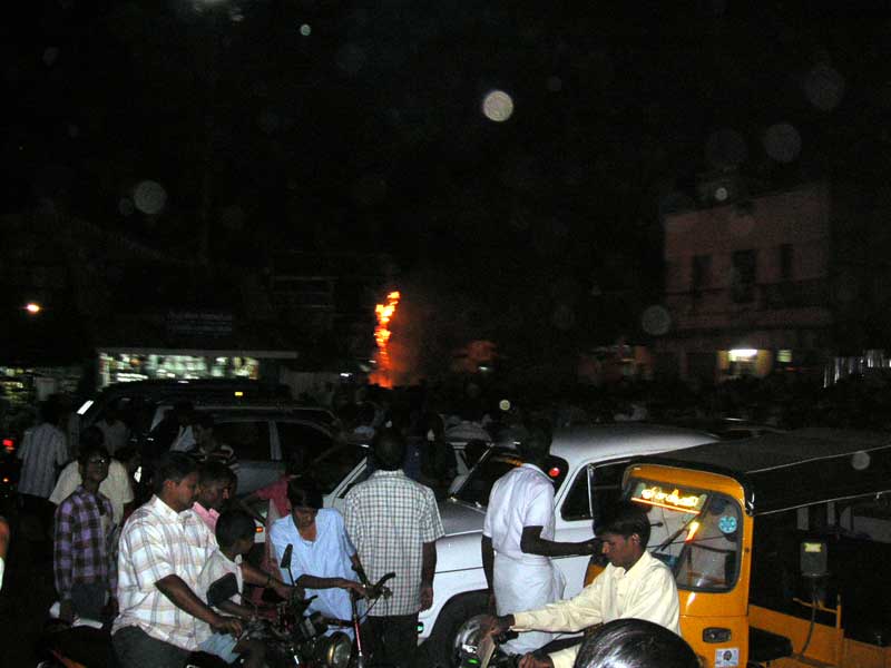India-Chennai-Temple - The rocket propelled bonfire - I stand well back and duck behind cars but manage to take this picture.