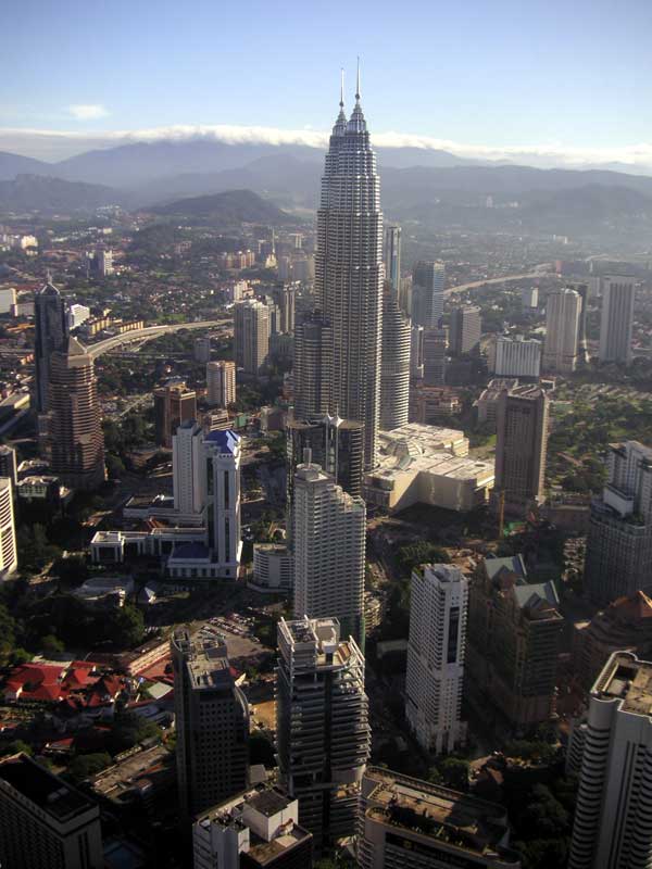 Malaysia-Kuala Lumpur-Menara Tower - Looking down on Petronas towers.