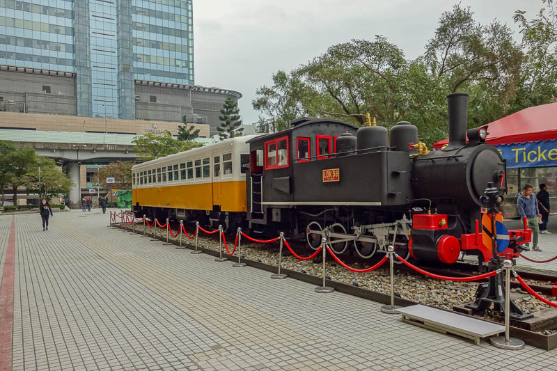 Taiwan-Taipei-Hualien-Bullet Train - Heres my train to Hualien. No, not really, its an old steam train out the front of the station. I could not see an old man living next to it.