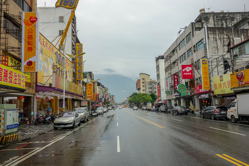 A full lap of Taiwan in March 2017 - I was concerned Hualien might be a rural village. No, its very busy, heres a random street, nice looking different mountain.