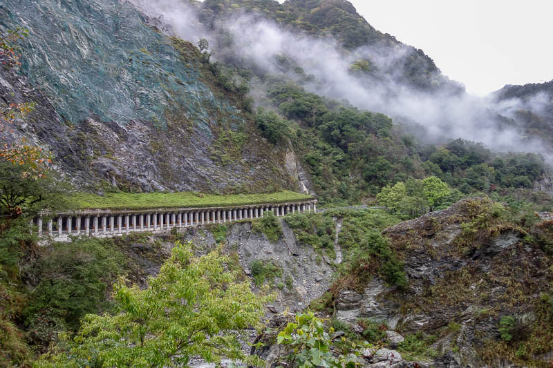 A full lap of Taiwan in March 2017 - Much of the road is like this, cut into the cliff and covered due to rock slides. Still it gets closed often, due to rock slides. Hence the need for h