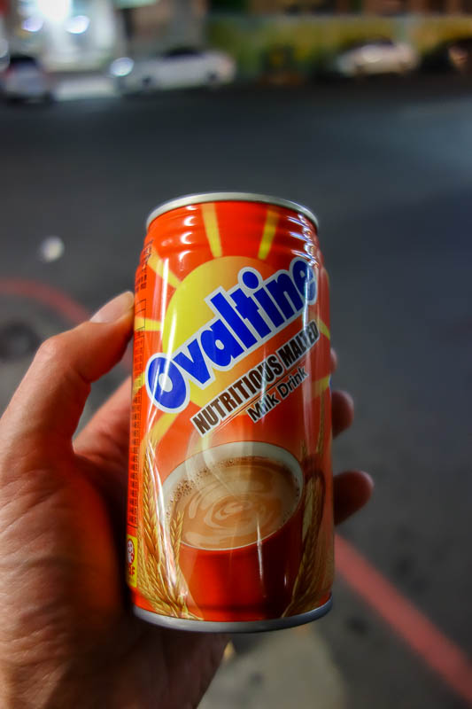 A full lap of Taiwan in March 2017 - For dessert, hot ovaltine, in a can. They heat the cans up in the convenience store just like in Japan. You need both hands to drink this, its too hot